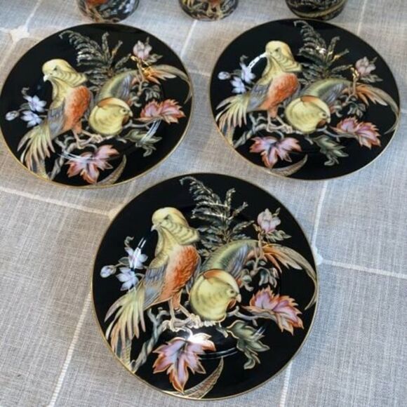 6 Pcs Fitz&Floyd Chinese Pheasant Plate& Mug 14K Trim Black Olive Made In Japan - Picture 5 of 10